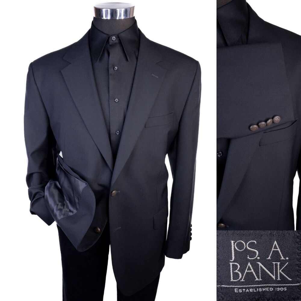 Jos A Bank Blazer Sport Coat Solid Black Size 46R Bronze Buttons Wool Jacket